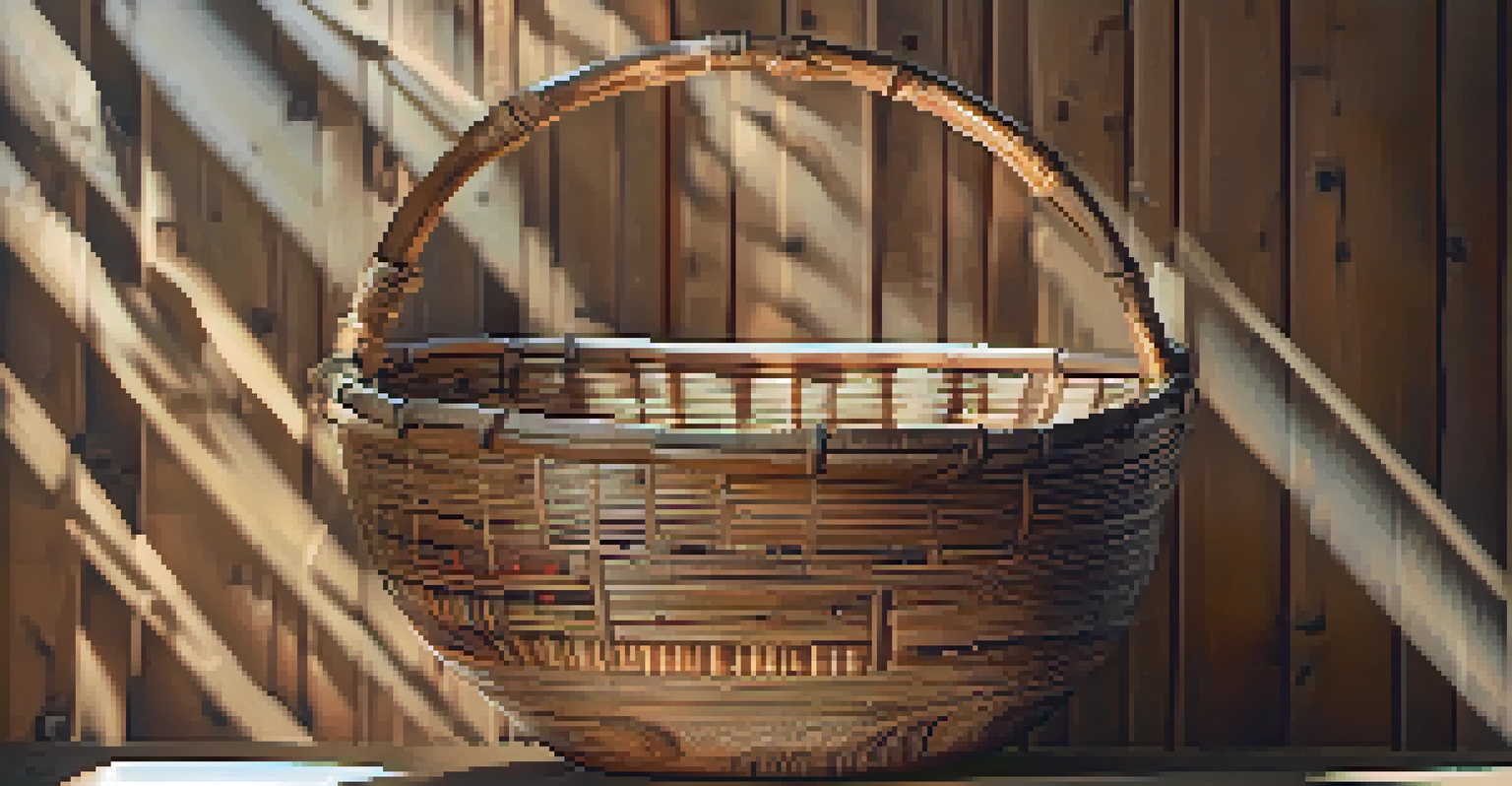 A beautifully woven cedar bark basket on a wooden table, showcasing intricate patterns.