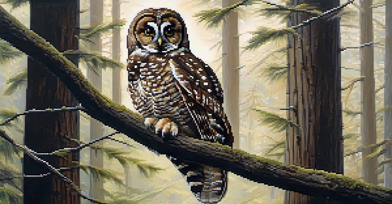 A close-up of a Northern Spotted Owl perched on a branch in a forest, showcasing its beautiful feathers and large eyes.