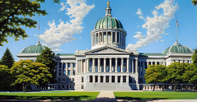 A majestic view of the Washington State Legislature building with clear blue skies and lush greenery.