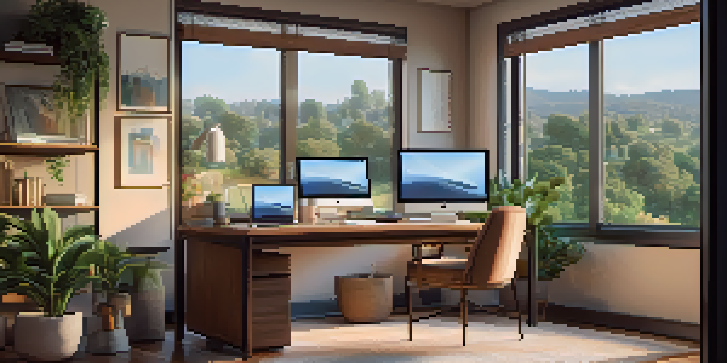 A home office with a desk, laptop, and plants, overlooking a suburban landscape through a large window.