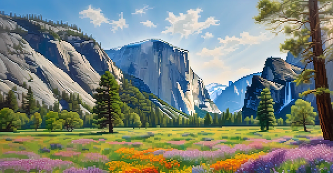 A scenic view of Yosemite National Park featuring granite cliffs and a colorful meadow filled with flowers under a blue sky.