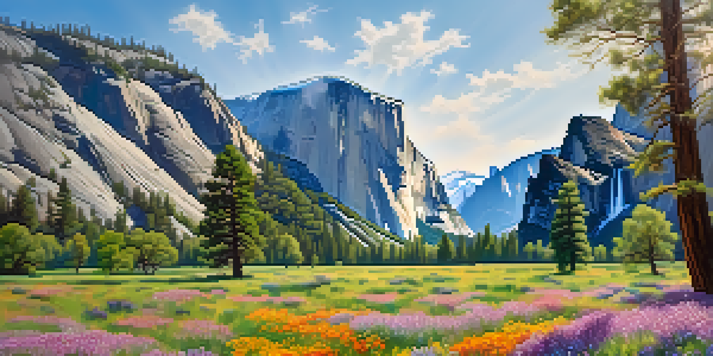 A scenic view of Yosemite National Park featuring granite cliffs and a colorful meadow filled with flowers under a blue sky.