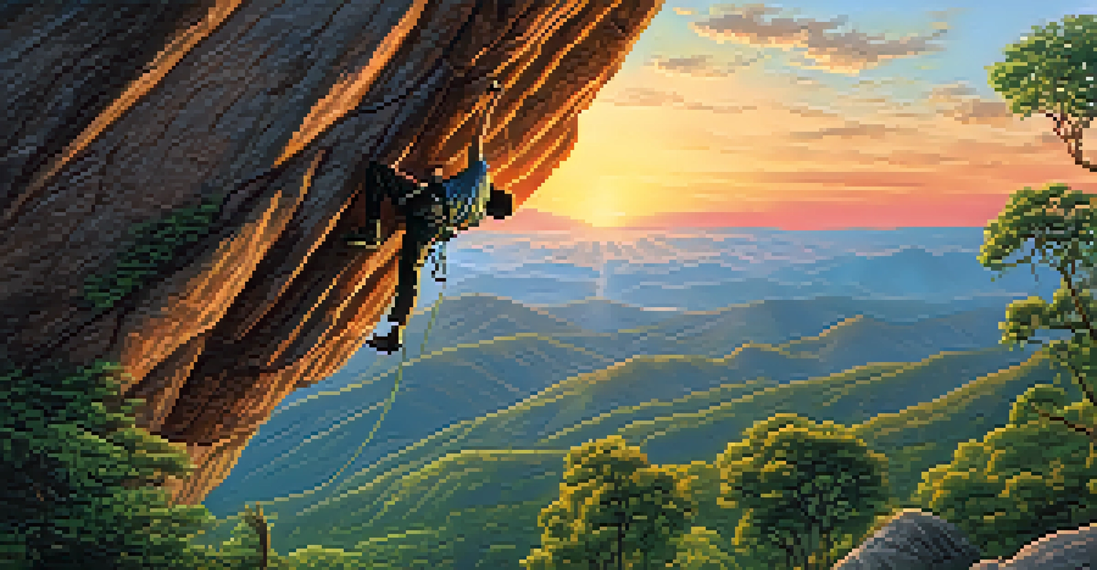 A climber ascending a cliff during sunset, surrounded by mountains and greenery.