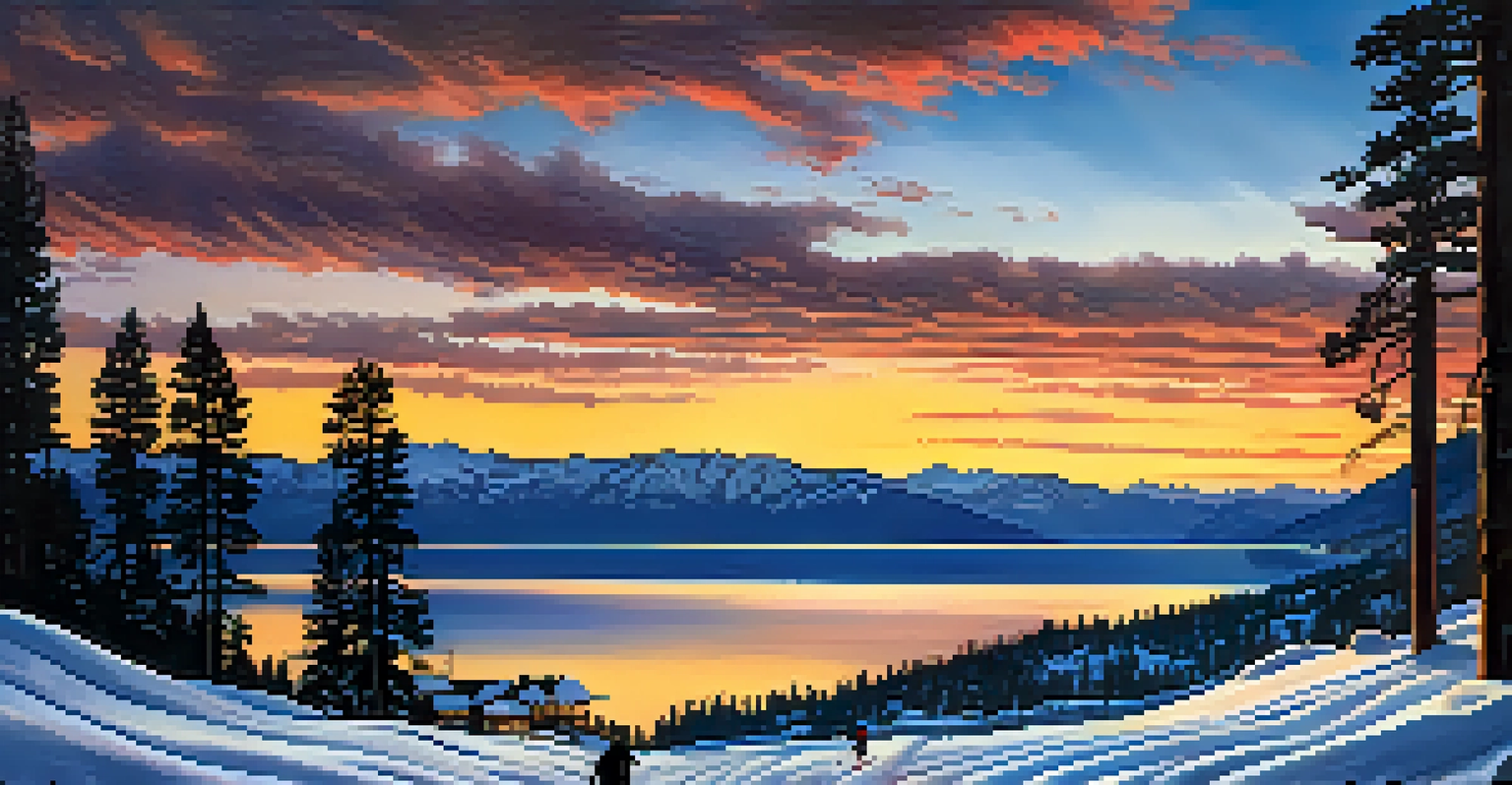 A beautiful sunset over Lake Tahoe with silhouetted skiers and a scenic view of the lake and mountains in the background.