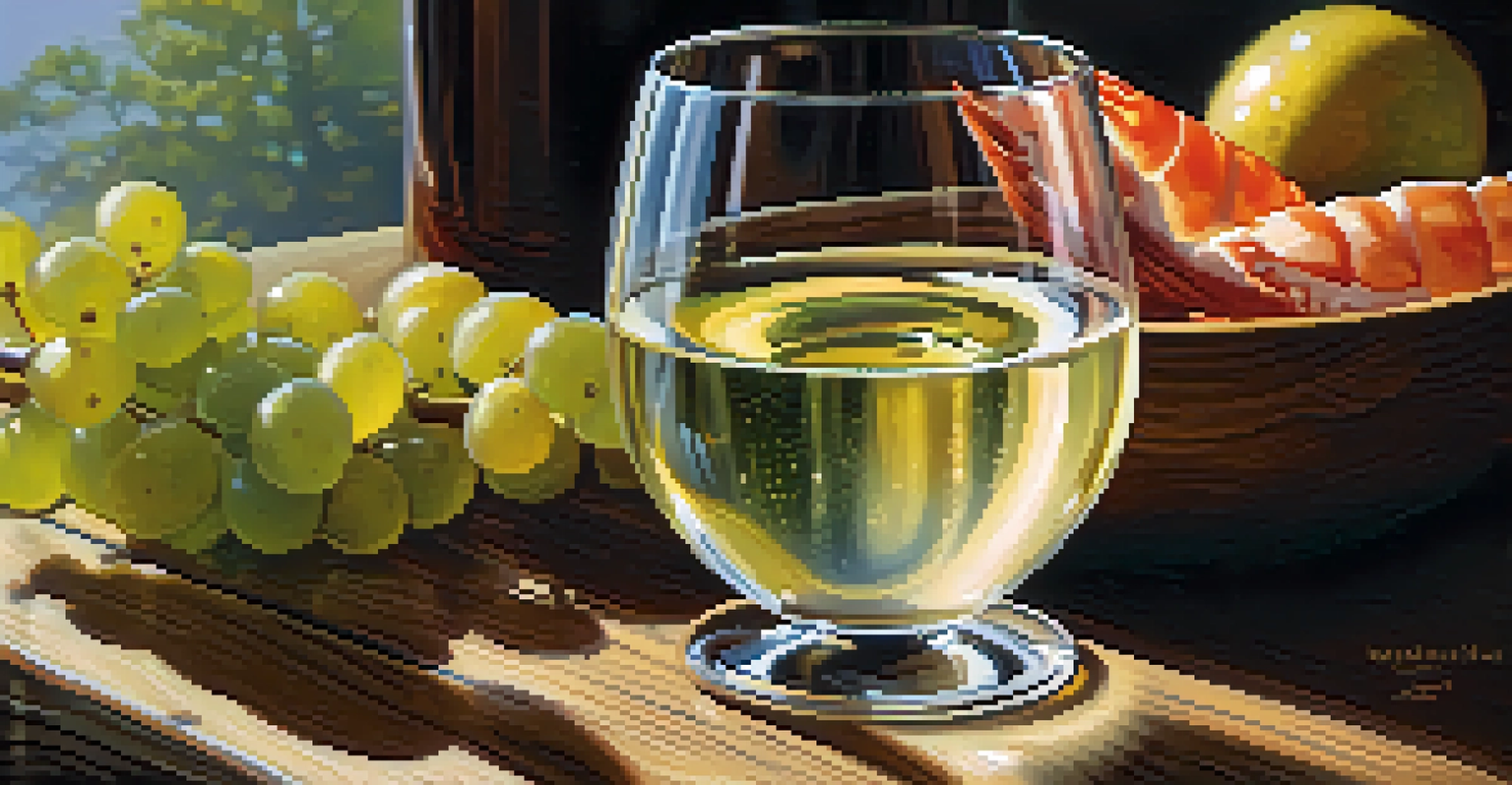 A close-up of a glass of Riesling wine next to beautifully plated seafood dishes on a wooden table.