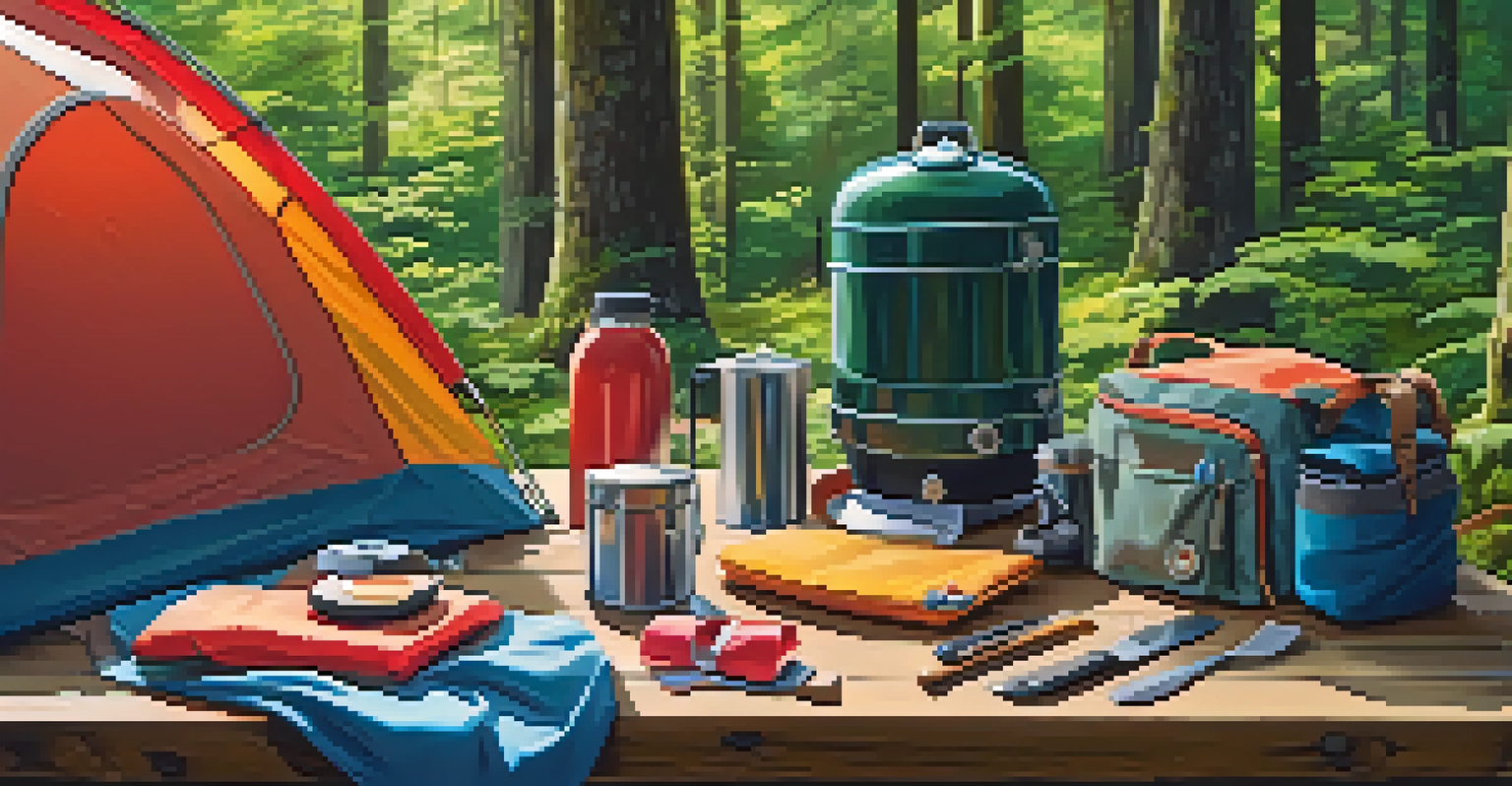 An organized camping gear setup on a picnic table, with a tent, sleeping bag, and cooking equipment in a sunny forest.