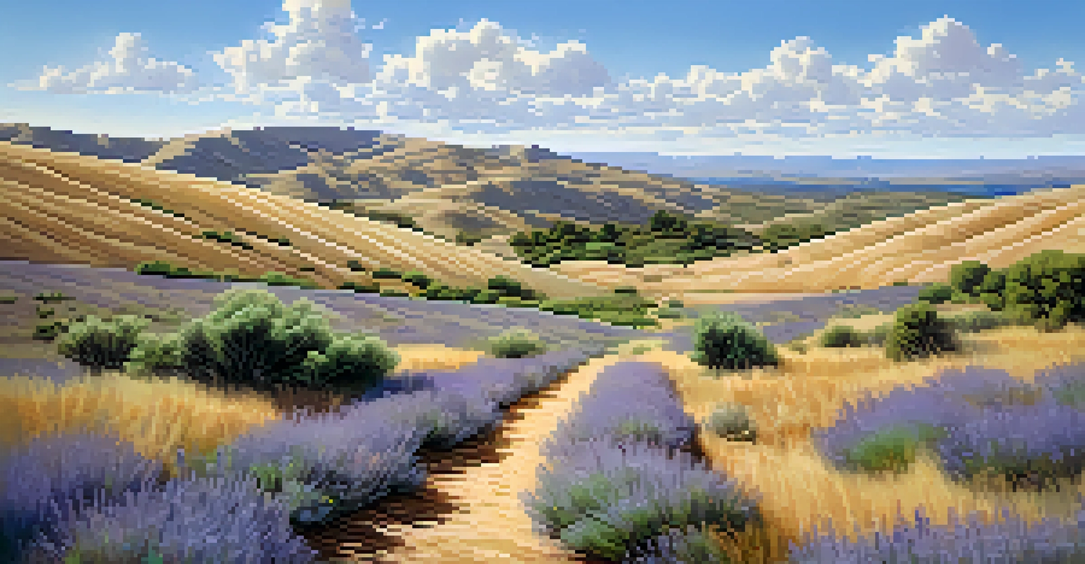 A bright summer landscape in Eastern Washington with rolling hills of lavender and sage, under a blue sky with white clouds and a winding dirt path.