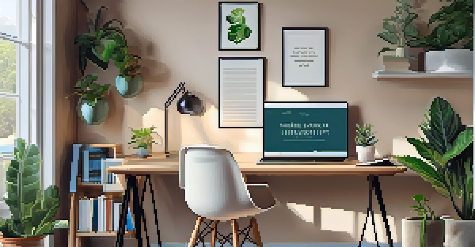 A home office with a laptop showing an online course, surrounded by books, a plant, and a cup of coffee, representing online learning.