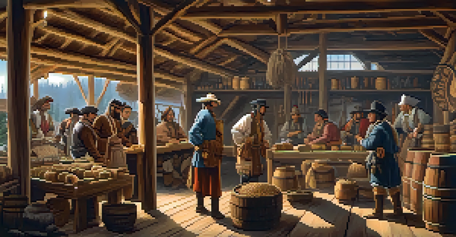 A bustling fur trading post scene with Indigenous and European traders exchanging goods, wooden structures, and furs on display.