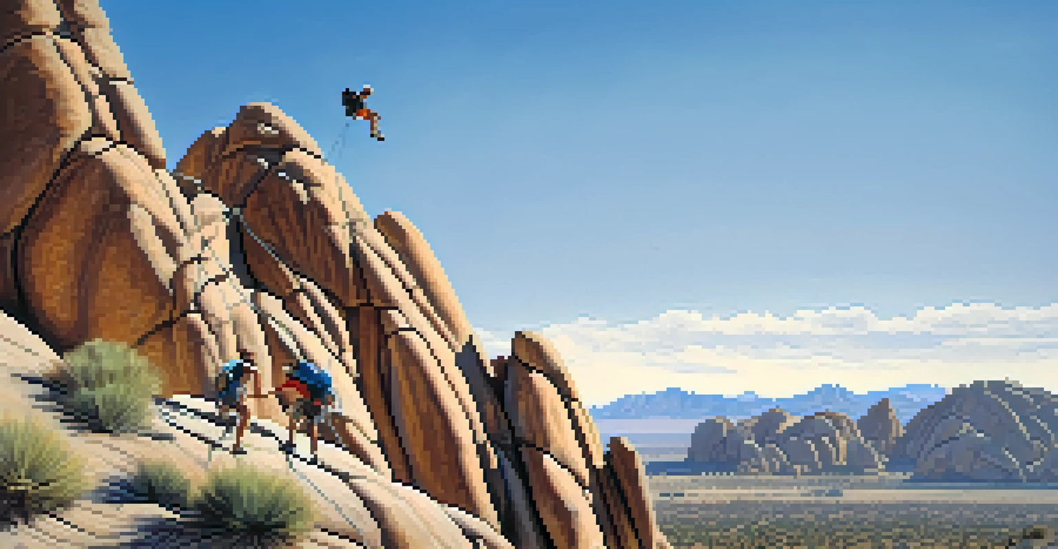A climber scaling a rock formation in Joshua Tree National Park, with clear skies and desert vegetation surrounding the scene.