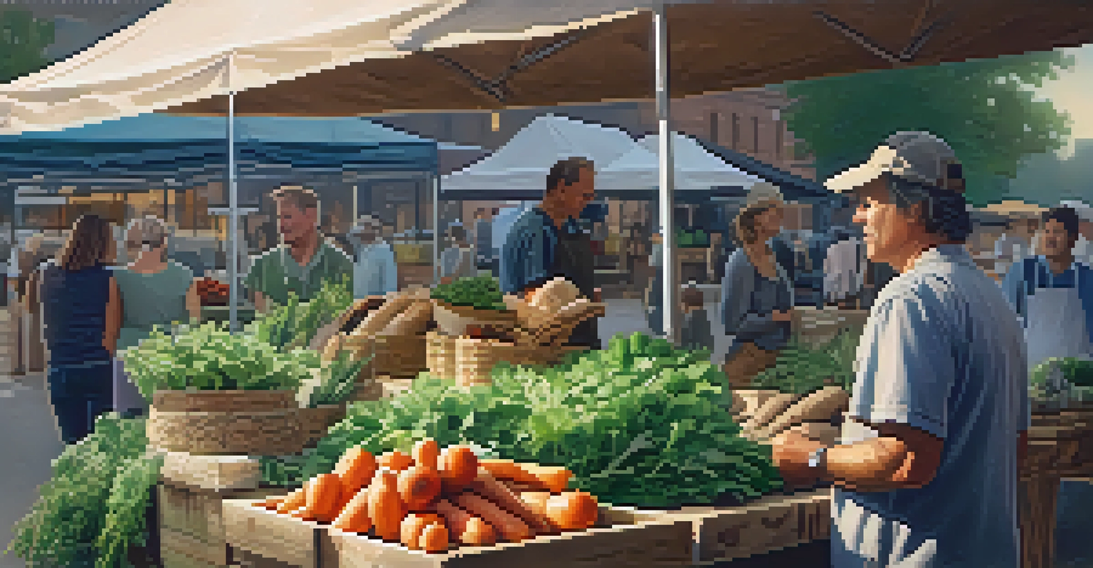 A farmer discussing organic practices with a shopper at a small farmers market, surrounded by fresh greens, root vegetables, and artisanal bread in warm evening light.