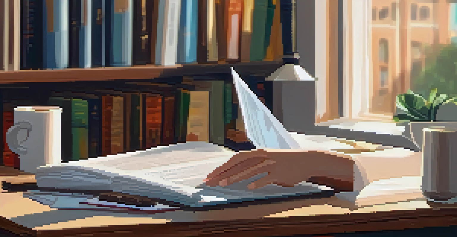 Close-up of a student typing on a laptop surrounded by research materials and coffee.