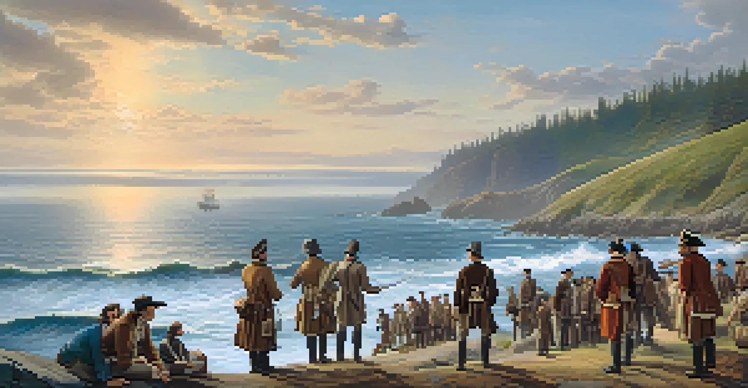 European explorers in period clothing examining maps on the shore of Washington State, with Indigenous people observing in the background.