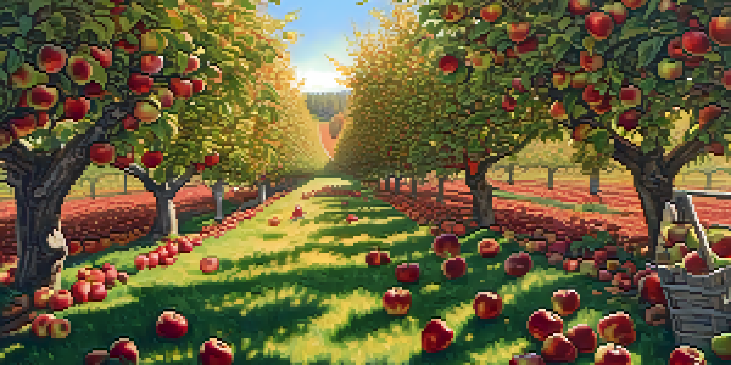 A scenic apple orchard in Washington filled with apple trees, families picking apples, and colorful fall leaves.