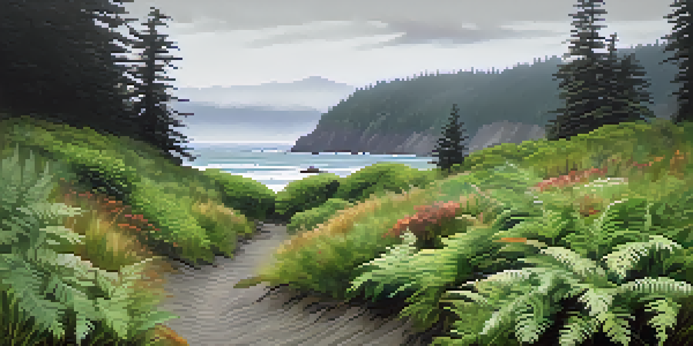 A peaceful coastal scene in Washington with green forests, ocean, and overcast skies, showing rain on the wet sand and ferns in the foreground.