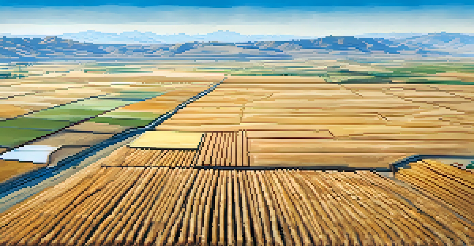 Aerial view of Eastern Washington showcasing golden fields of wheat and barley, with modern irrigation systems and a backdrop of blue skies and rolling hills.