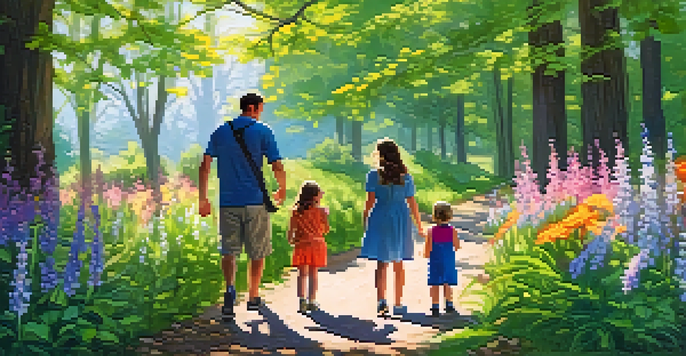 A family enjoying a nature walk in spring, with children observing birds and blooming flowers around them.
