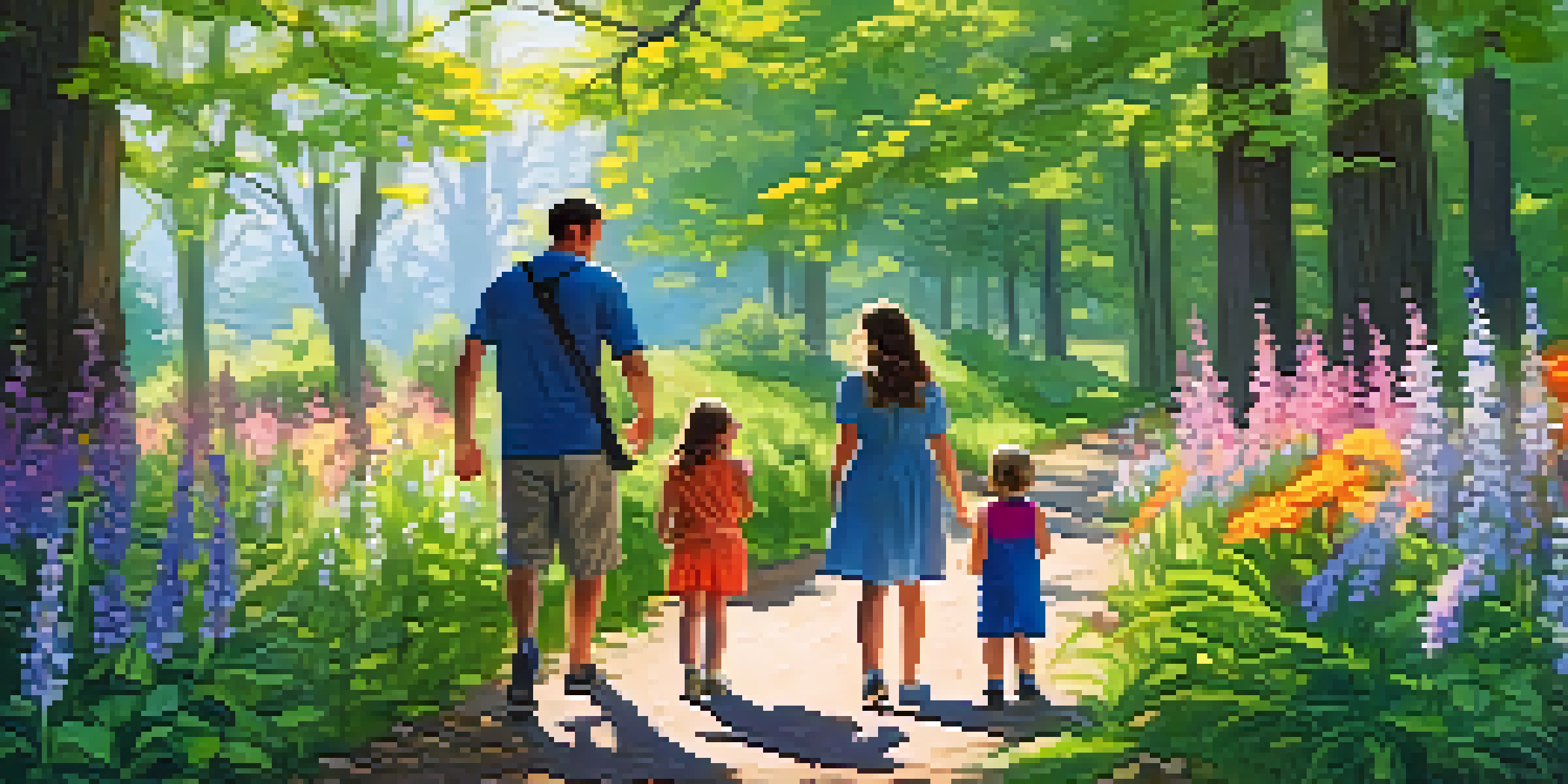 A family enjoying a nature walk in spring, with children observing birds and blooming flowers around them.