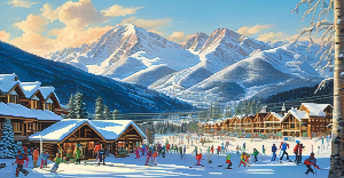 A beautiful winter scene in Aspen, Colorado, with snow-covered mountains and a charming village filled with skiers and colorful ski gear.