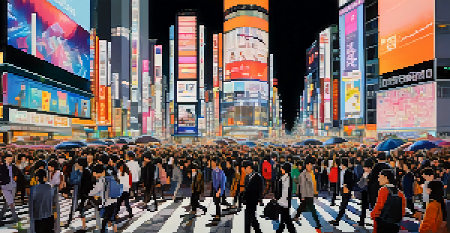 A busy Shibuya Crossing in Tokyo filled with people and bright neon lights, illustrating the vibrant urban life.