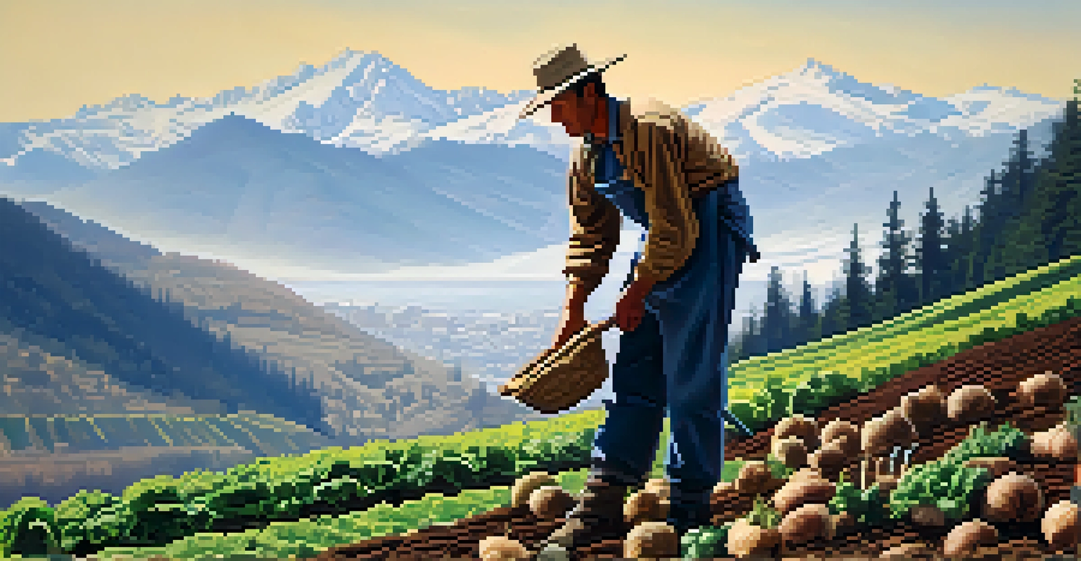 A farmer tending to a terraced garden filled with root vegetables in a mountainous landscape, with rugged mountains and patches of snow in the background.