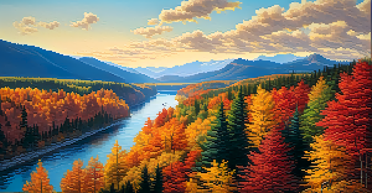 An aerial view of a colorful autumn forest in Washington, with vibrant leaves and a winding river amidst mountains.