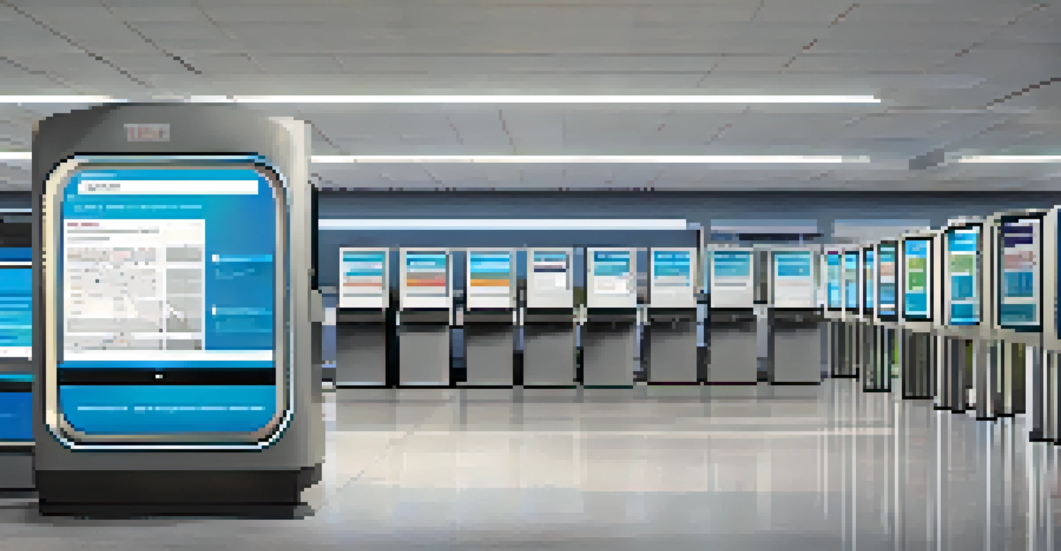 A modern polling place with a touchscreen voting machine being used by voters, featuring bright signage and organized surroundings.