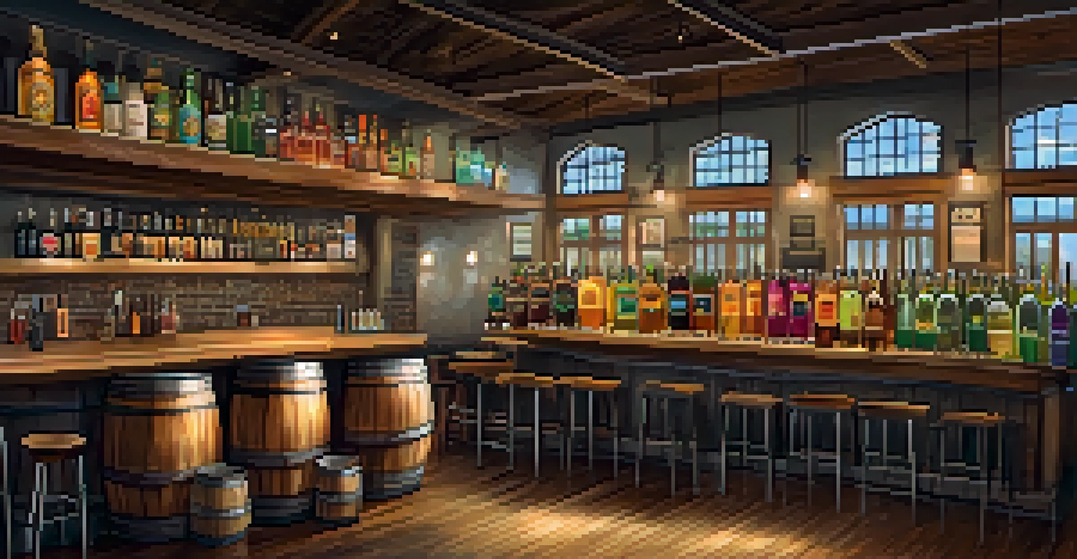 A cozy craft brewery interior with patrons enjoying unique beers, wooden barrels, and a chalkboard menu.