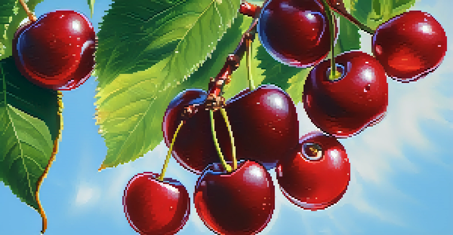 A close-up of ripe cherries on a tree branch with green leaves and a clear blue sky in the background.