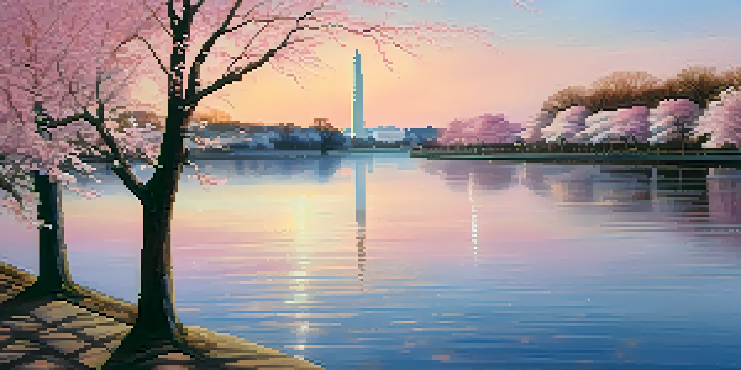 A sunrise over the Potomac River with the Washington Monument and U.S. Capitol in the background, cherry blossom trees in bloom.