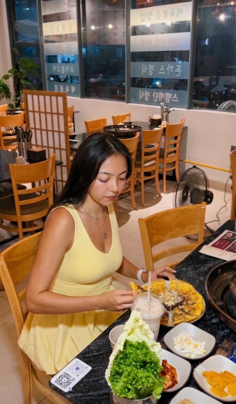 Amanda at a Korean restaurant table with a pancake, lettuce and side dishes