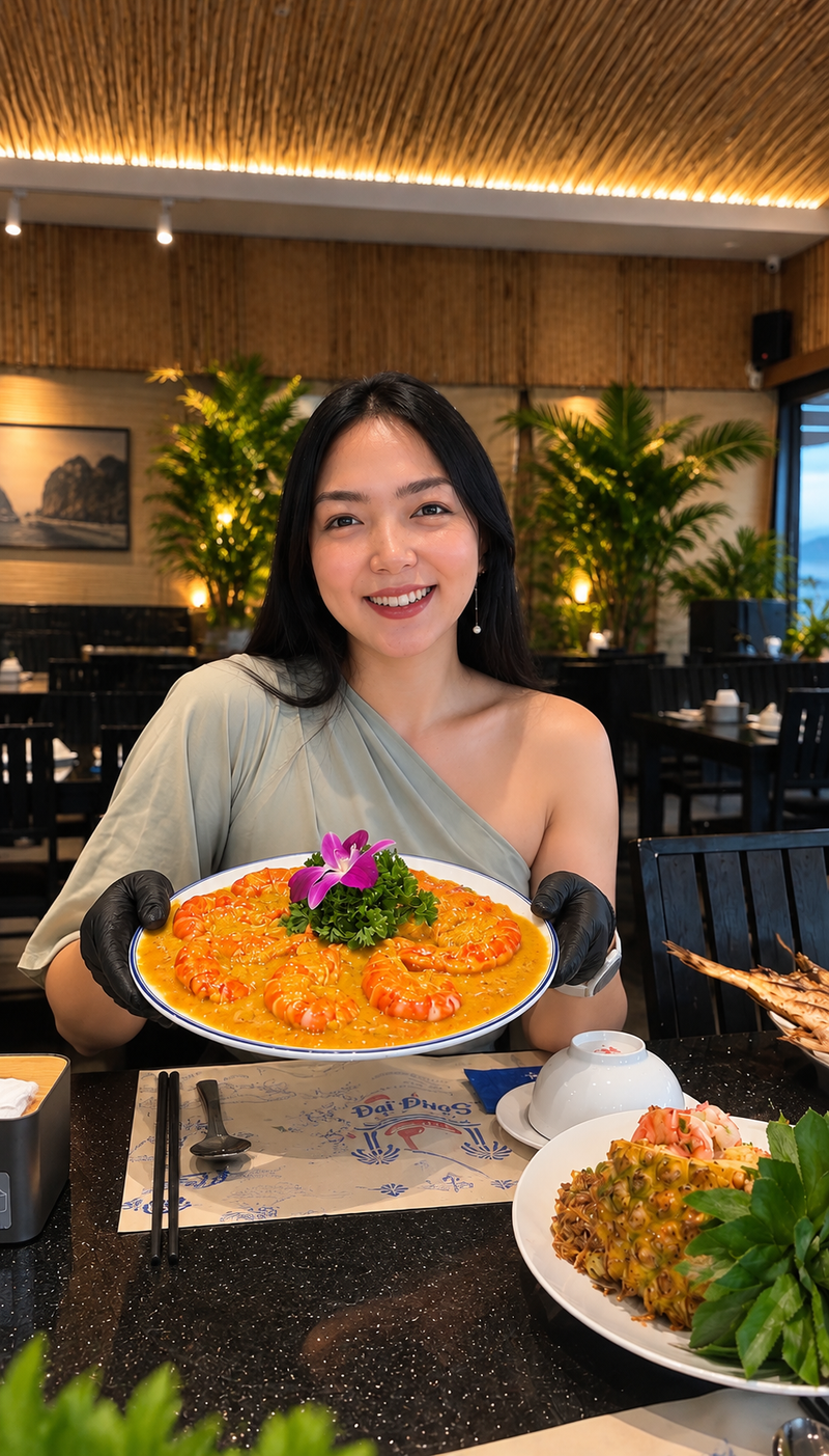 Amanda holding a plate of prawns in garlic sauce in a bright restaurant