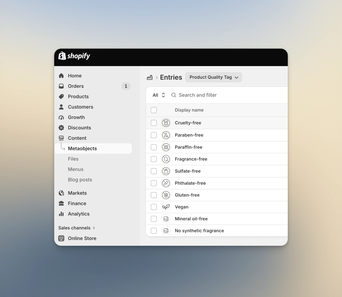 Product quality tag metaobject entries