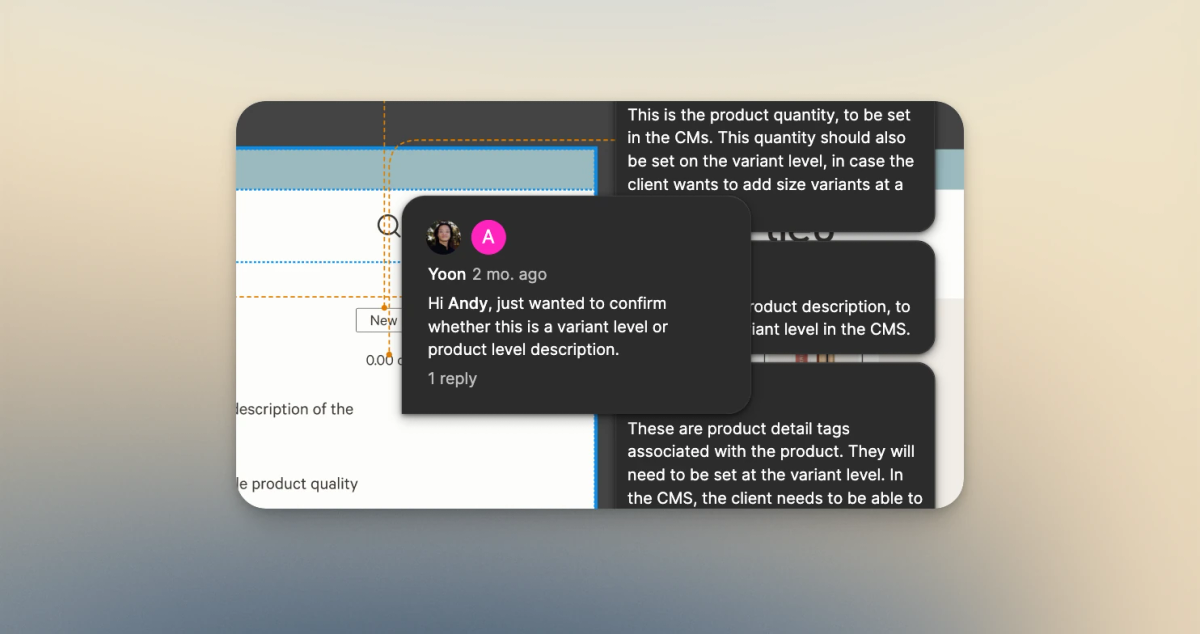 A screenshot of me asking Andy whether the product description is variant level or product level.
