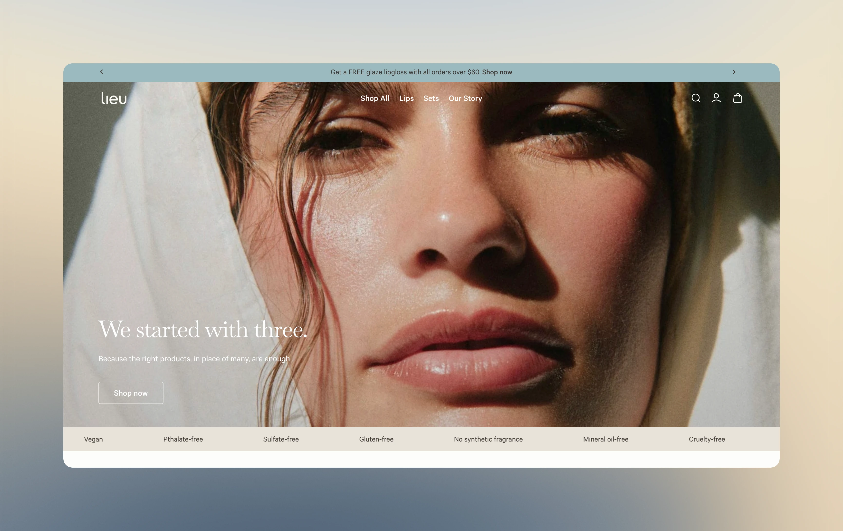 This is a screenshot of Lieu Beauty's website homepage hero section.