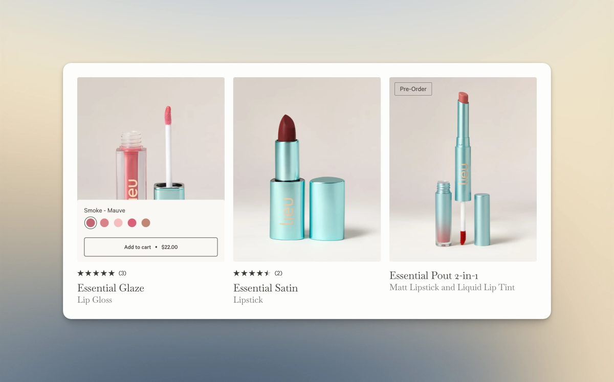 Product card with swatches, image shown is based on the selected variant.