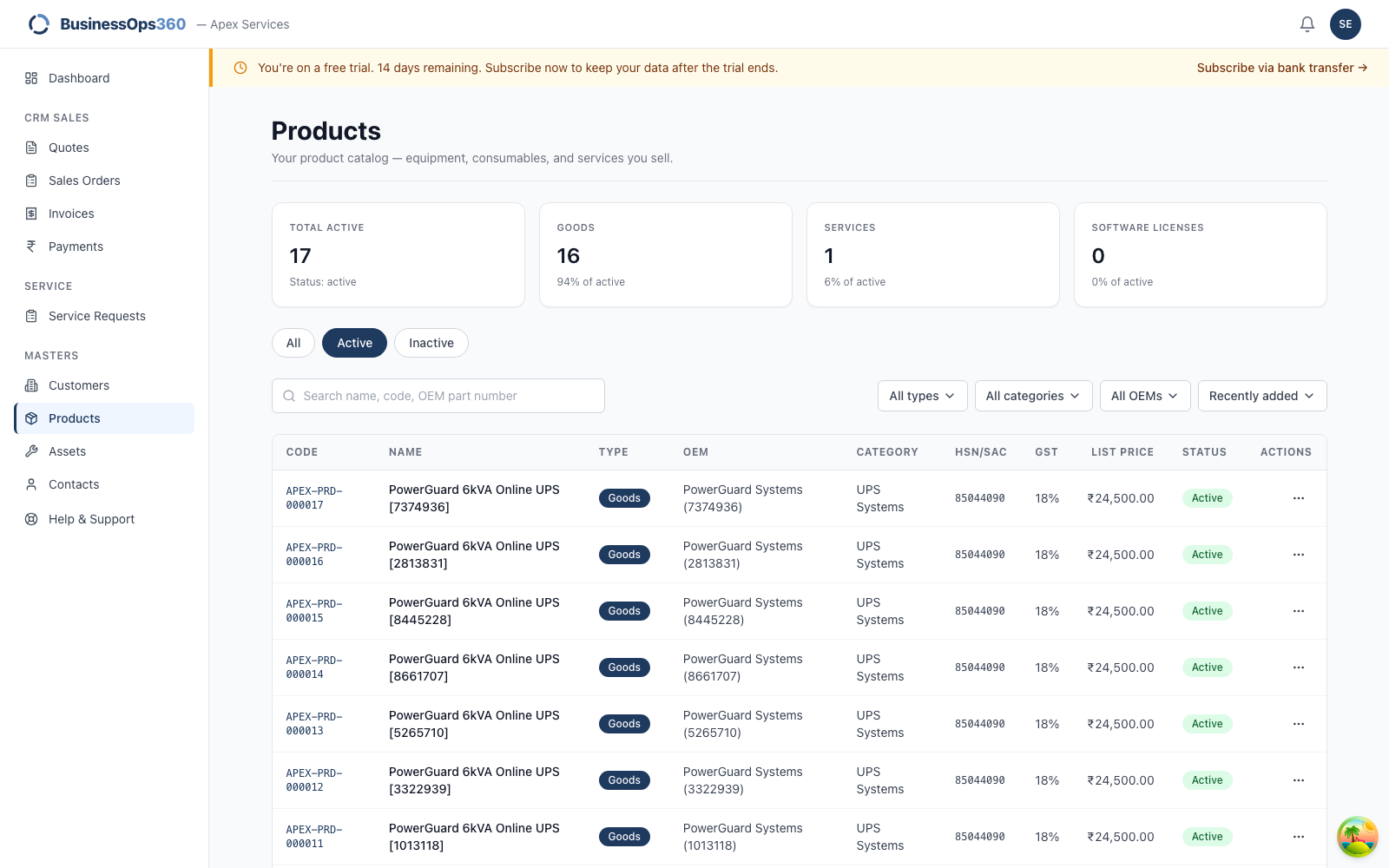 The product catalogue is read-only for the sales desk