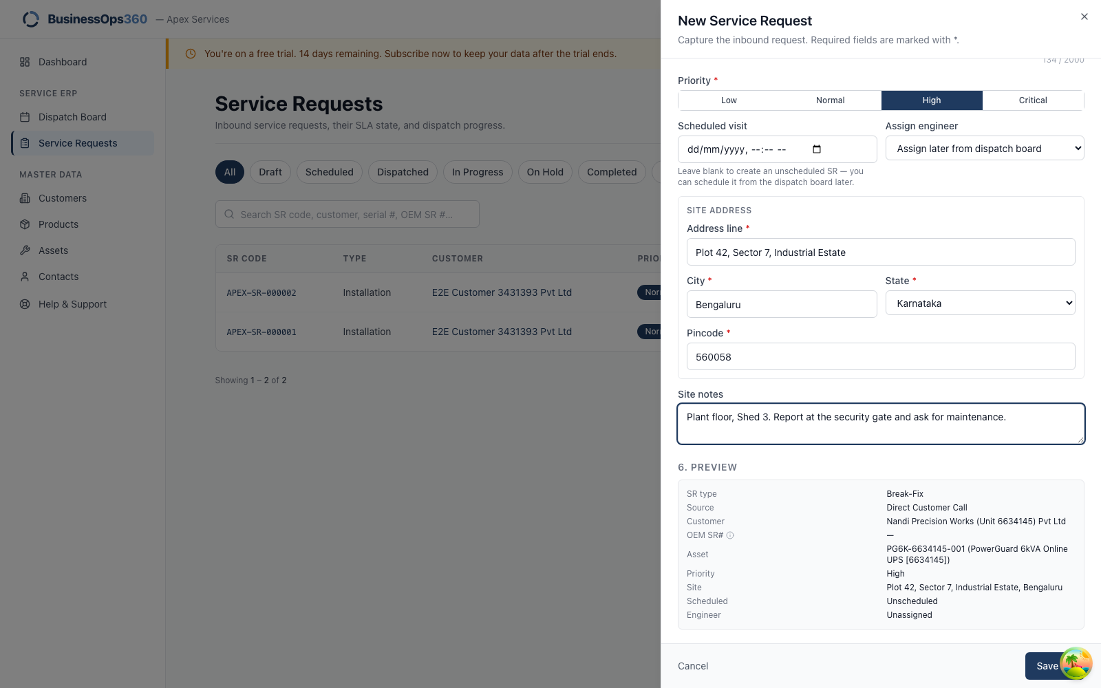 The intake form, filled in