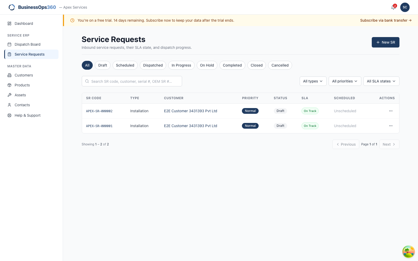 The service request list