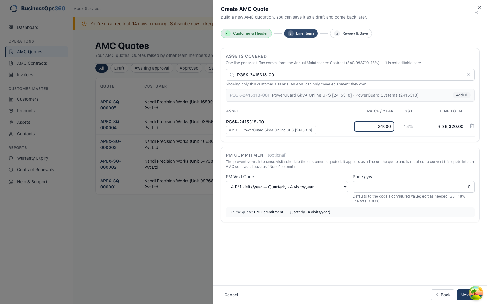 Step 2 — assets covered and PM commitment