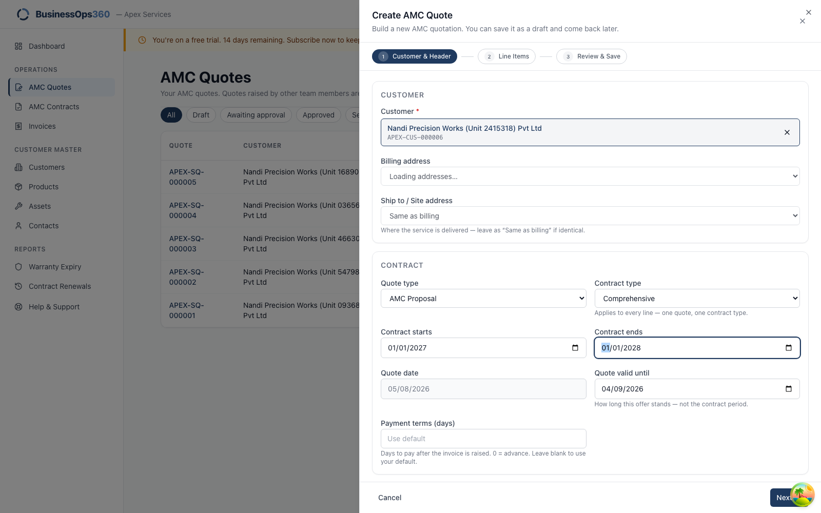 Step 1 of the quote — customer and term