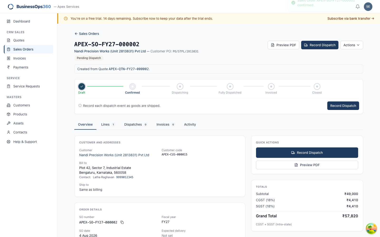 The confirmed order