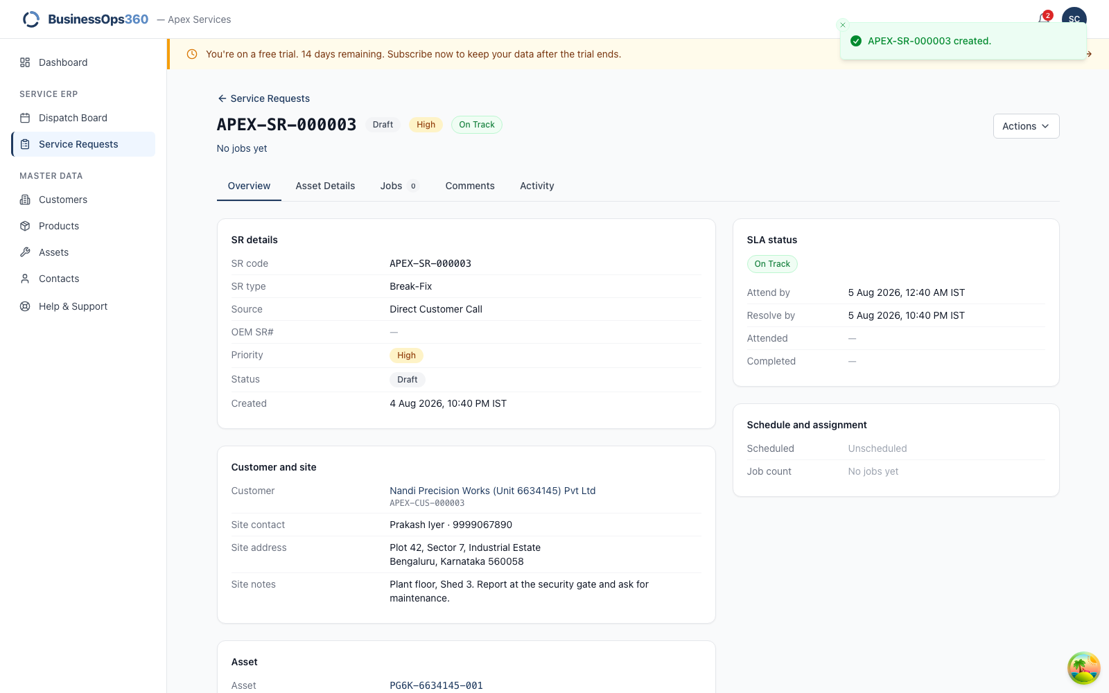 The raised service request