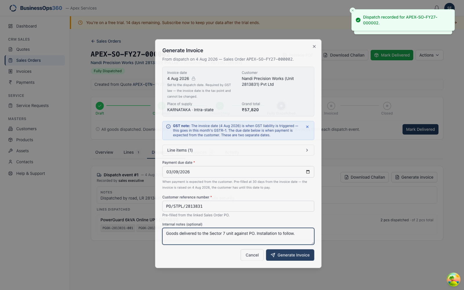 The generate invoice dialog