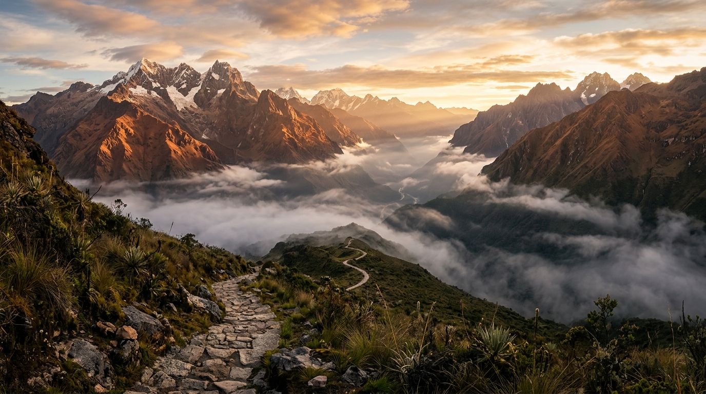 Amanecer en los Andes, con montañas nevadas y cielo despejado