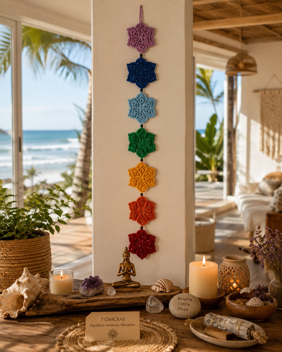 móbil de mandalas de colores de las 7 chacras en una casa de playa