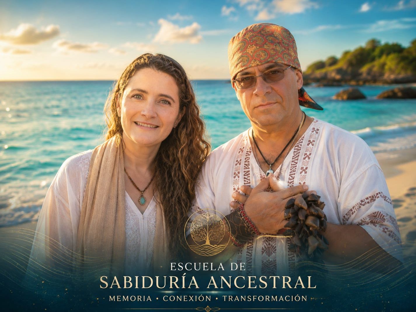 portada gus y myr frente a una playa de aguas cristalinas, transmitiendo una sensación de serenidad y conexión con la naturaleza.