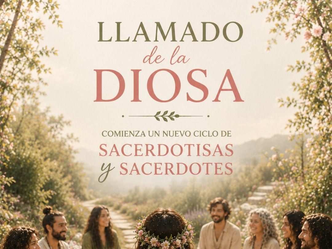 Círculo de mujeres en círculo sagrado con texto: Comienza un nuevo ciclo de Sacerdotisas de la Diosa.