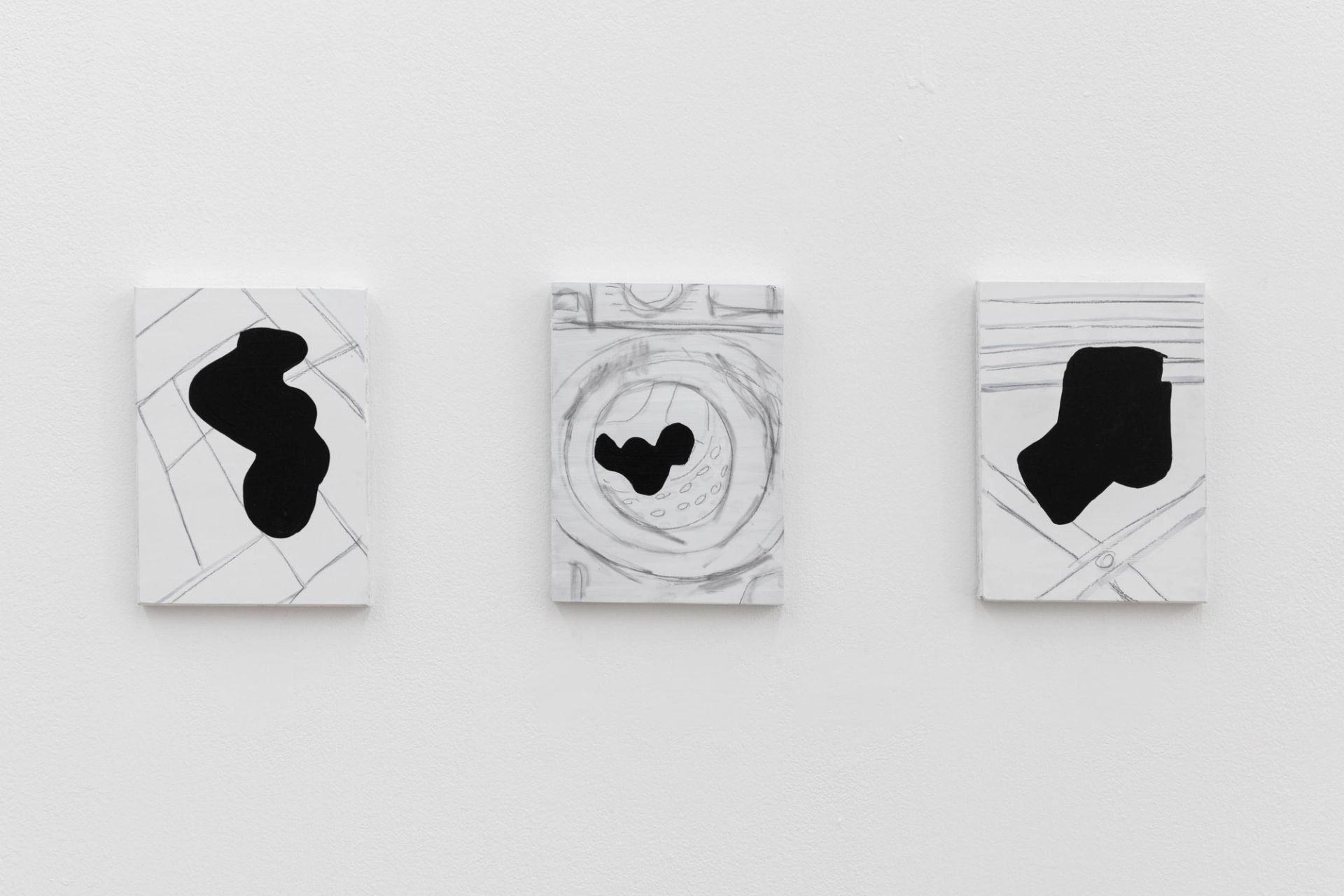 Anna McCarthy, “Washing Cycle (tryptych)”, 2022, permanent marker, pencil, acrylic on wood, each 21 × 15.4 × 2cm 