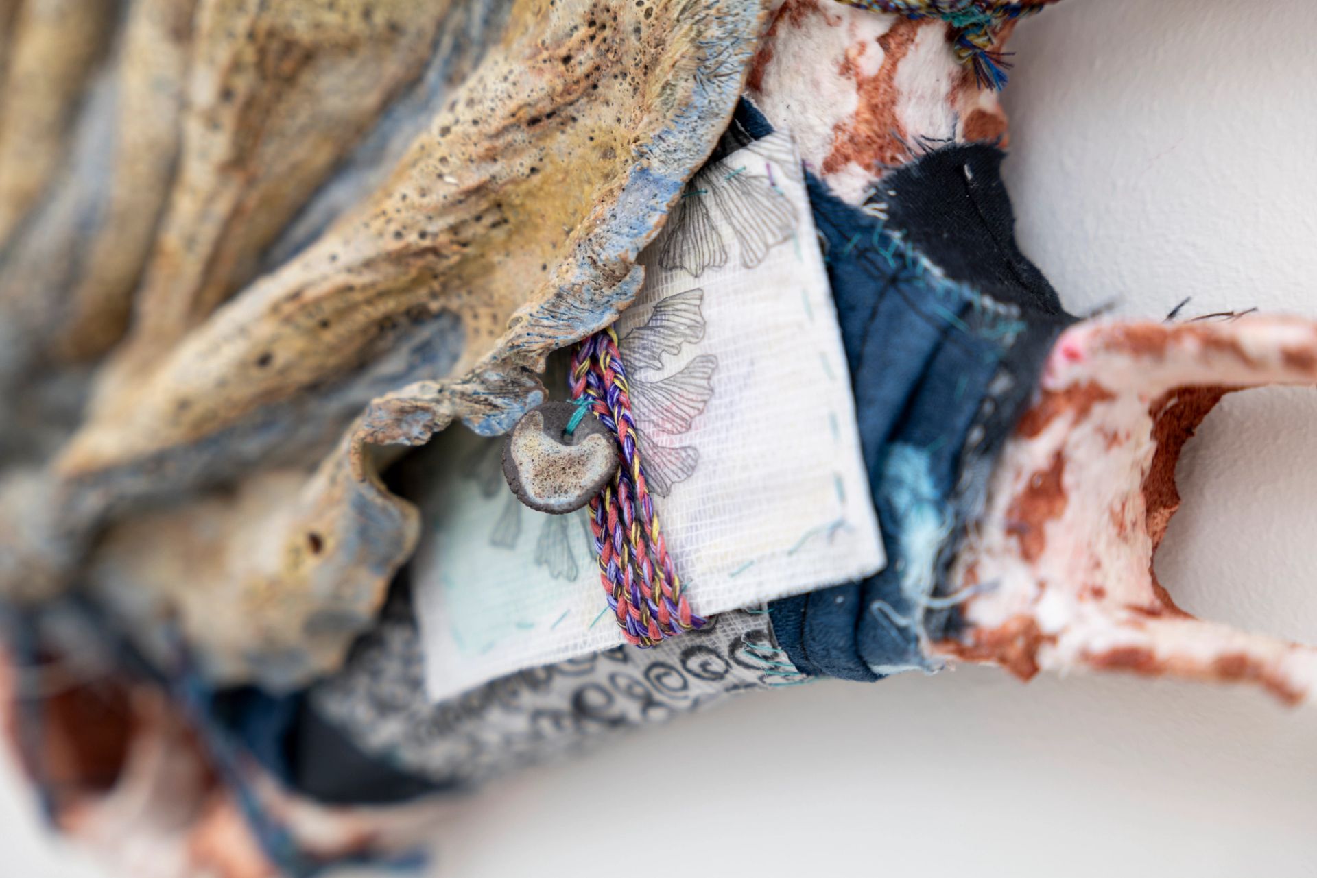 Isabel Nuño de Buen, Codex 48 (the end of things had come), 2025, Paper maché, wire, glazed ceramic, yarn, transparent paper, paper, graphite, charcoal, watercolor, muslin, hand dyed fabric, hand made cords
48 × 56 × 8.5 cm (Courtesy: Chris Sharp, LA)